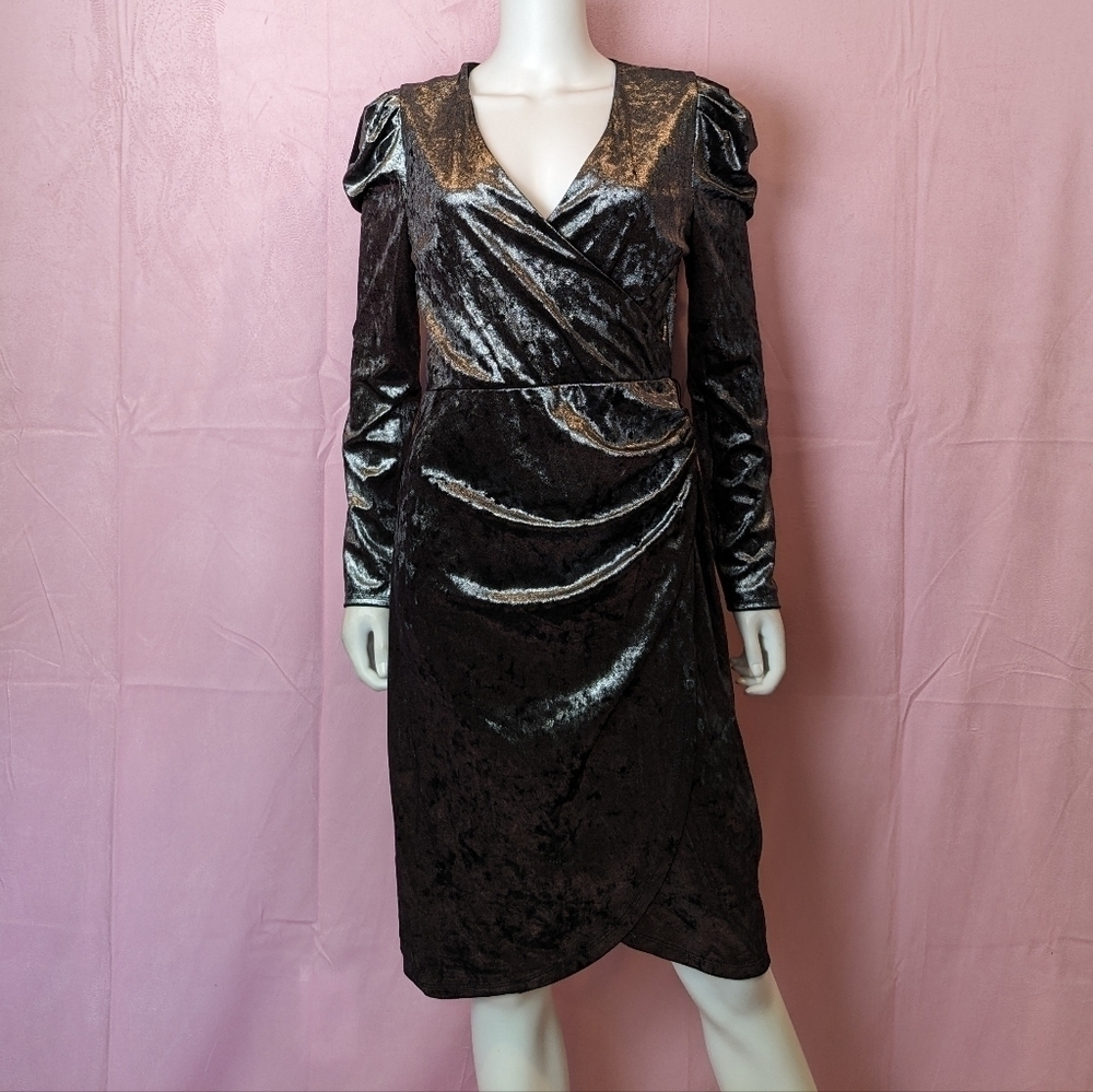 INC International Concepts Silver Crushed Velvet Puff Sleeve Faux Wrap Dress M